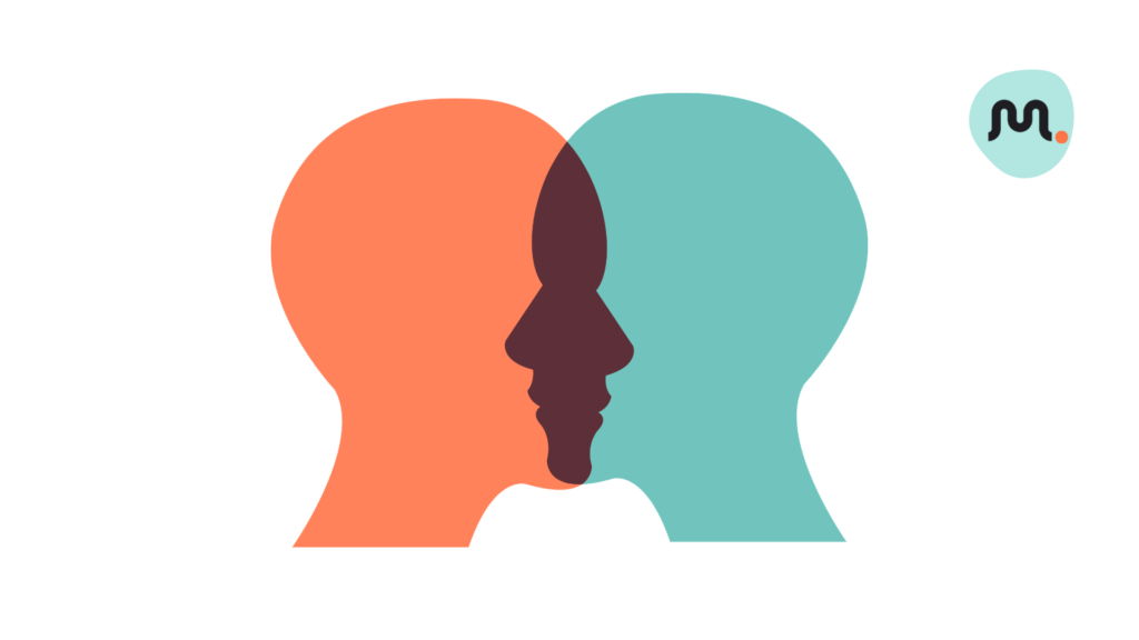Ilustración de dos perfiles humanos enfrentados que simbolizan la conexión emocional y la diferencia entre empatía y simpatía.